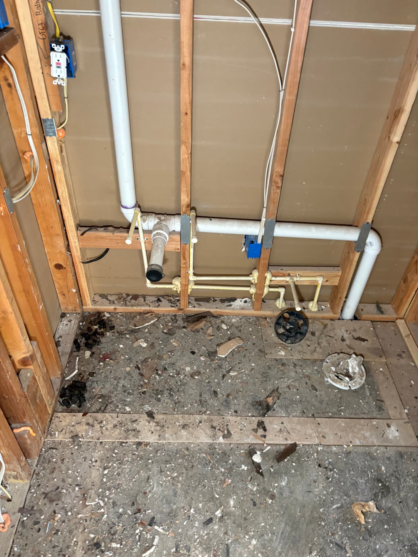 Open wall bathroom rough-in with PVC vents and CPVC water lines in Baltimore, MD — ProStream Plumbing